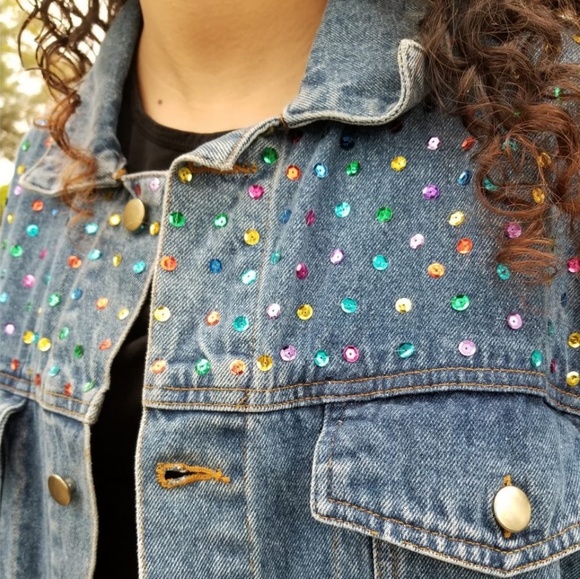 Club Q Rainbow Sequin Denim Jacket - Picture 2 of 4